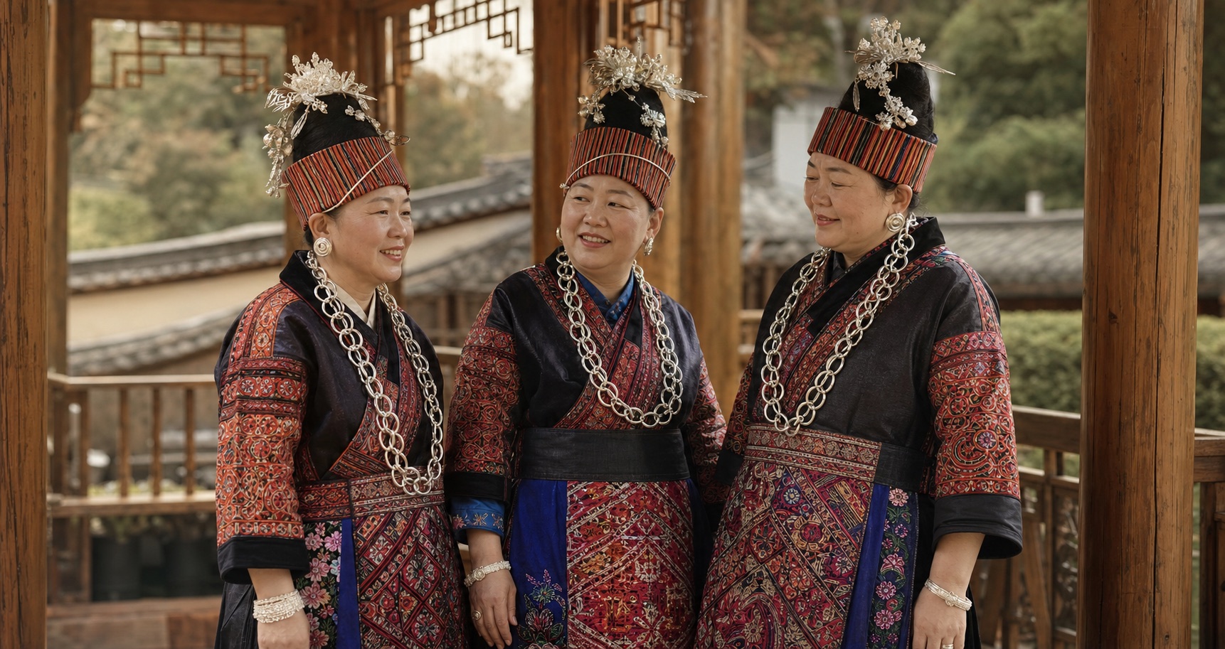 Women wearing traditional embroidered clothing and silver ornaments